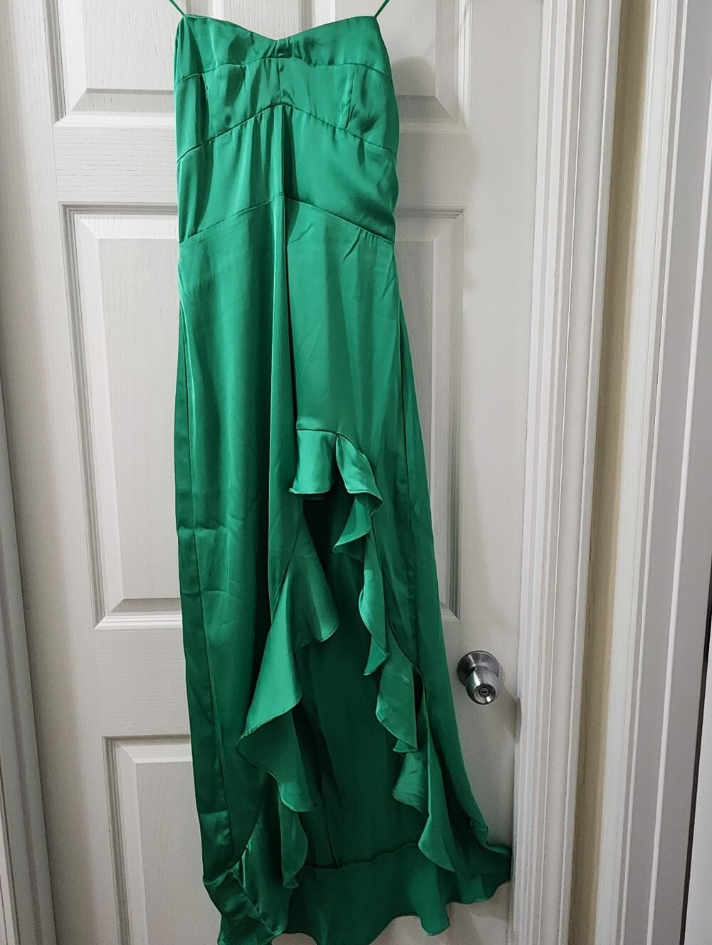 Fashion Nova Green Satin Maxi Dress with Ruffle Detail